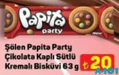 ŞÖLEN PAPİTA PARTY ÇİKOLATA KAPLI SÜTLÜ KREMALI BİSKÜVİ 63 G ŞÖLEN PAPİTA PARTY ÇİKOLATA KAPLI SÜTLÜ KREMALI BİSKÜVİ 63 G